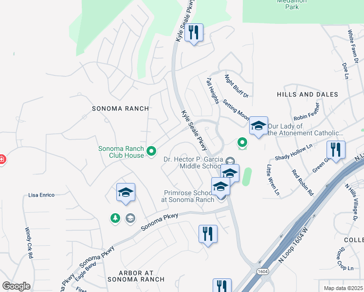 map of restaurants, bars, coffee shops, grocery stores, and more near 8515 Magdalena Run in Helotes