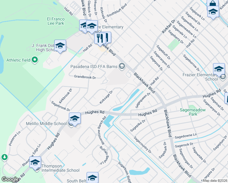 map of restaurants, bars, coffee shops, grocery stores, and more near 8715 Kirksage Drive in Houston