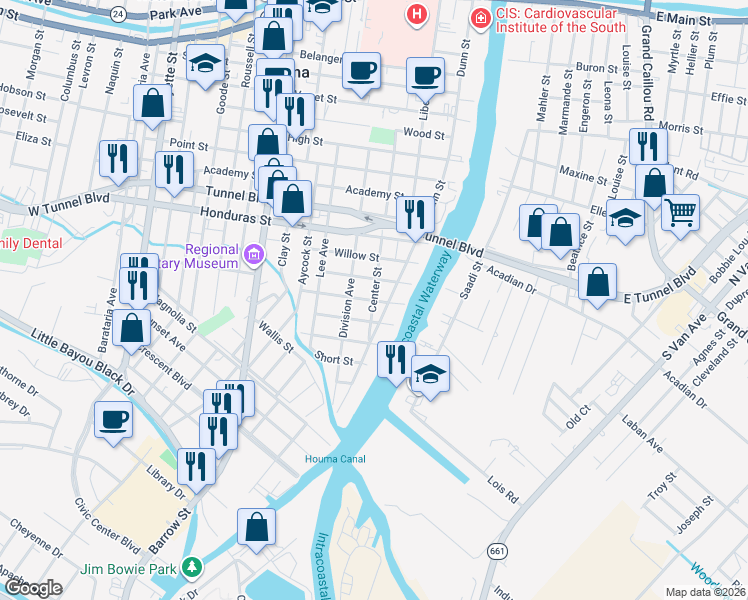 map of restaurants, bars, coffee shops, grocery stores, and more near 1306 Center St in Houma