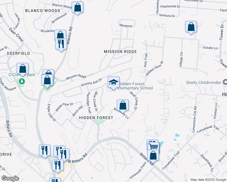 map of restaurants, bars, coffee shops, grocery stores, and more near 802 Silver Spruce Street in San Antonio