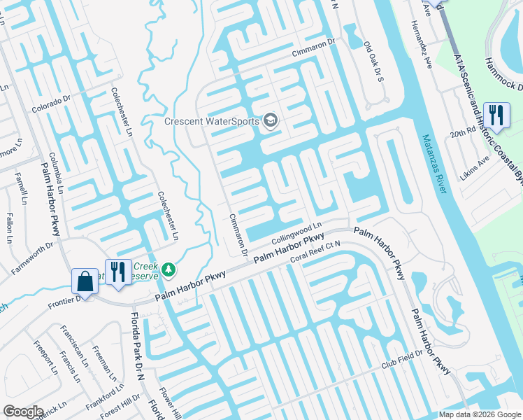 map of restaurants, bars, coffee shops, grocery stores, and more near 19 Cedar Hollow Court in Palm Coast