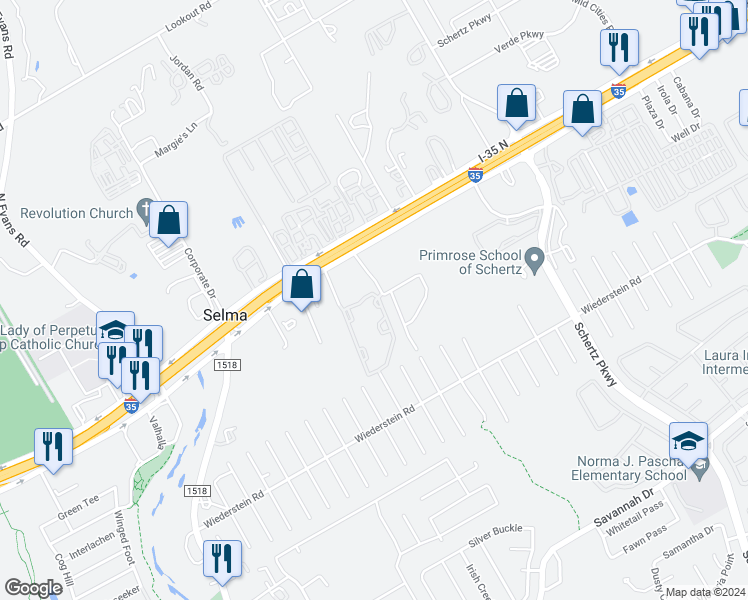 map of restaurants, bars, coffee shops, grocery stores, and more near 9703 Chelsea Circle in Selma
