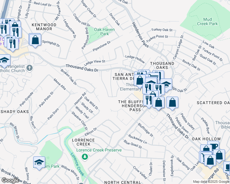 map of restaurants, bars, coffee shops, grocery stores, and more near 2170 Thousand Oaks Drive in San Antonio