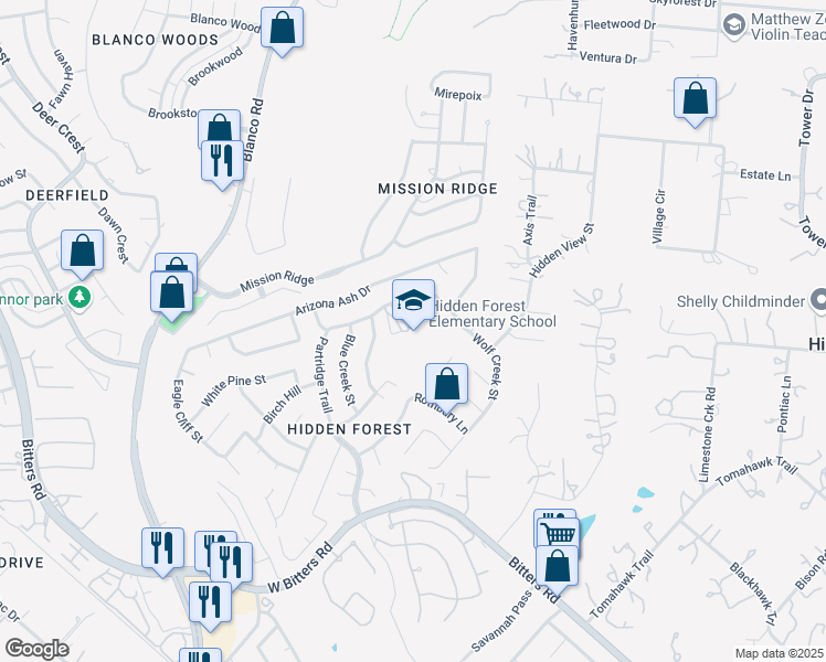 map of restaurants, bars, coffee shops, grocery stores, and more near 802 Silver Spruce St in San Antonio