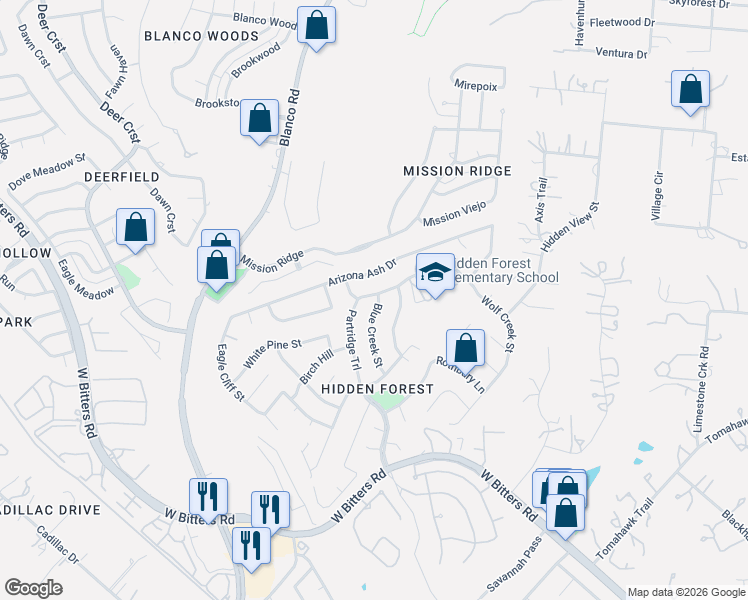 map of restaurants, bars, coffee shops, grocery stores, and more near 1007 Silver Spruce Street in San Antonio