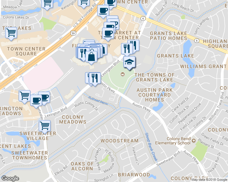 map of restaurants, bars, coffee shops, grocery stores, and more near 1710 Austin Parkway in Sugar Land