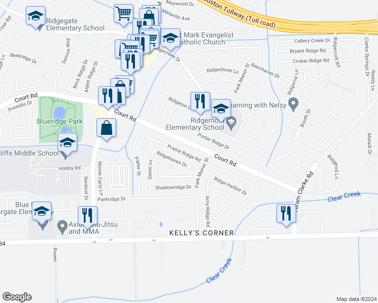 map of restaurants, bars, coffee shops, grocery stores, and more near 5034 Prairie Ridge Road in Houston