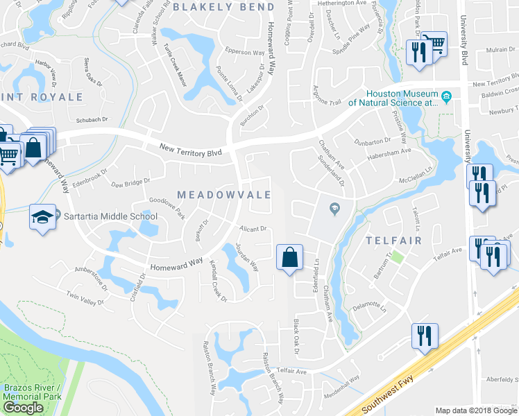 map of restaurants, bars, coffee shops, grocery stores, and more near 22 Ferncastle Lane in Sugar Land