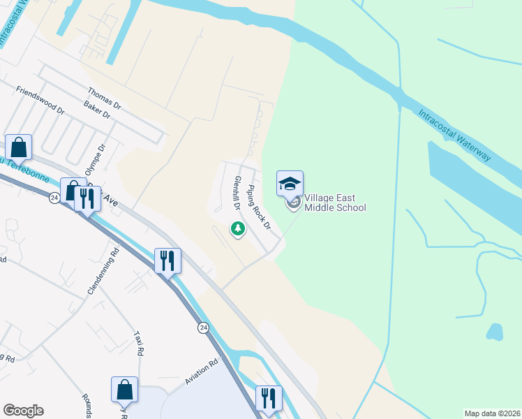 map of restaurants, bars, coffee shops, grocery stores, and more near 118 Piping Rock Drive in Houma