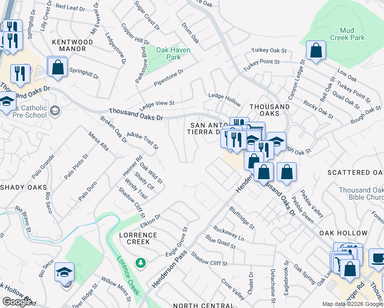 map of restaurants, bars, coffee shops, grocery stores, and more near 2170 Thousand Oaks Drive in San Antonio