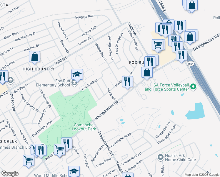 map of restaurants, bars, coffee shops, grocery stores, and more near 16503 Fox Den in San Antonio