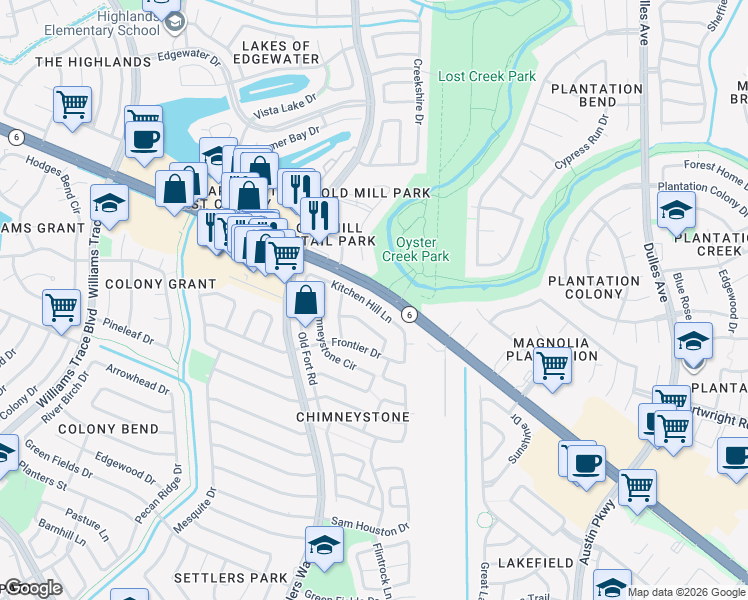 map of restaurants, bars, coffee shops, grocery stores, and more near 3935 Kitchen Hill Lane in Sugar Land