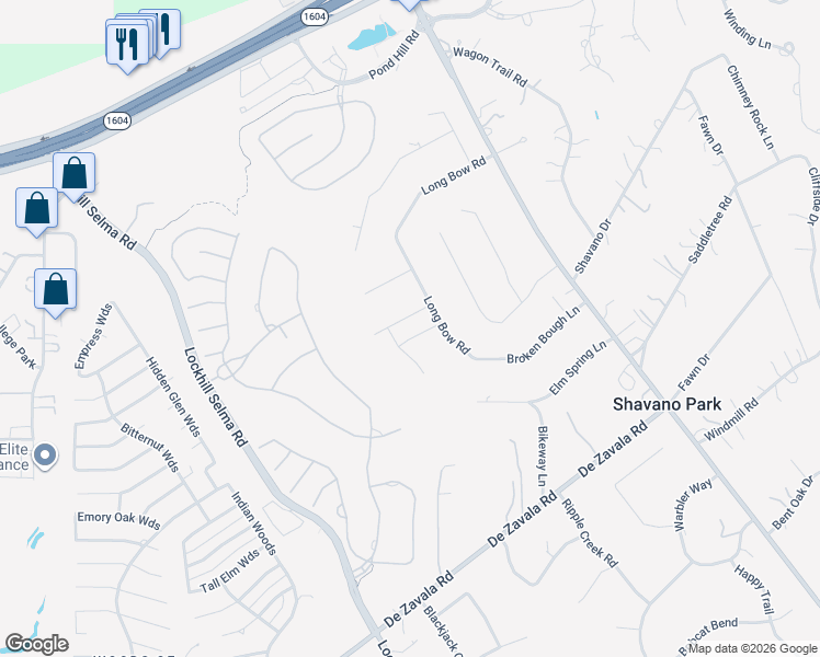 map of restaurants, bars, coffee shops, grocery stores, and more near 104 Hunters Branch in Shavano Park