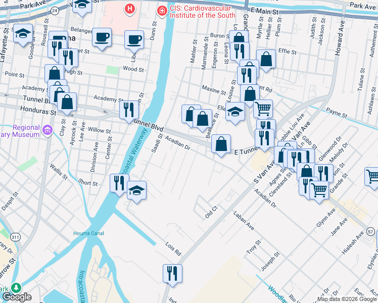 map of restaurants, bars, coffee shops, grocery stores, and more near 207 Saint Pius Street in Houma