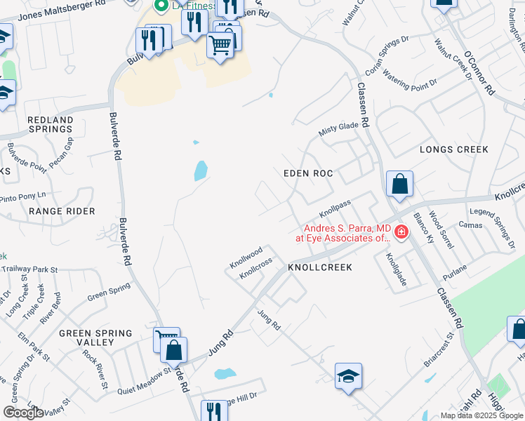 map of restaurants, bars, coffee shops, grocery stores, and more near 16703 Coral Glade in San Antonio