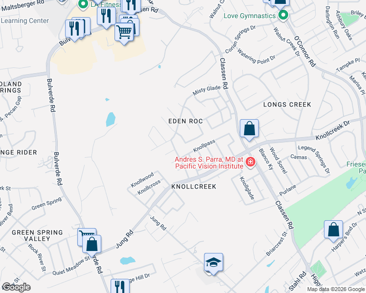 map of restaurants, bars, coffee shops, grocery stores, and more near 4006 Camphor Way in San Antonio