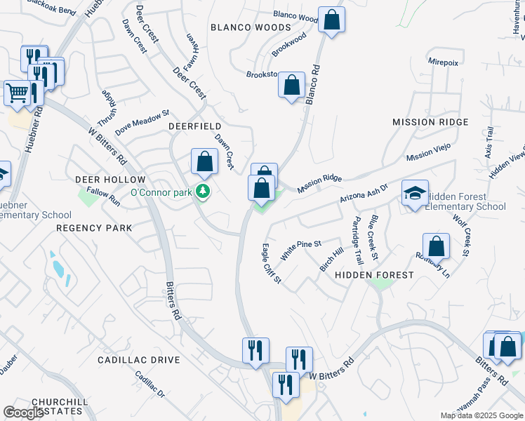 map of restaurants, bars, coffee shops, grocery stores, and more near 16350 Blanco Road in San Antonio