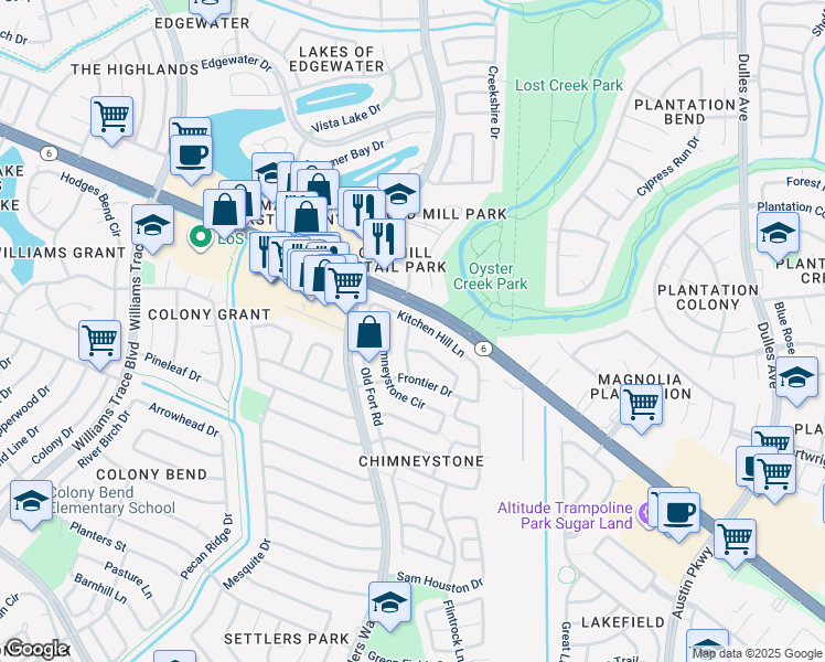 map of restaurants, bars, coffee shops, grocery stores, and more near 2411 Lively Lane in Sugar Land