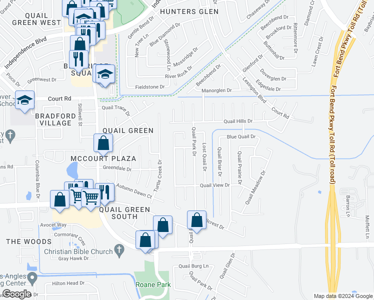 map of restaurants, bars, coffee shops, grocery stores, and more near 16503 Quail Dale Drive in Missouri City