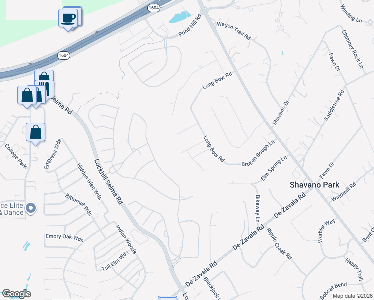 map of restaurants, bars, coffee shops, grocery stores, and more near 104 Hunters Branch in Shavano Park