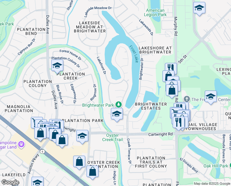map of restaurants, bars, coffee shops, grocery stores, and more near 4309 Lake Terrace Court in Missouri City