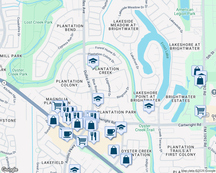 map of restaurants, bars, coffee shops, grocery stores, and more near 2430 Edgewood Drive in Missouri City