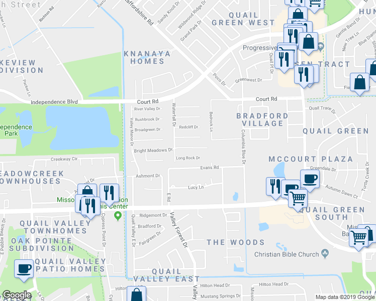 map of restaurants, bars, coffee shops, grocery stores, and more near 2203 Bright Meadows Drive in Missouri City