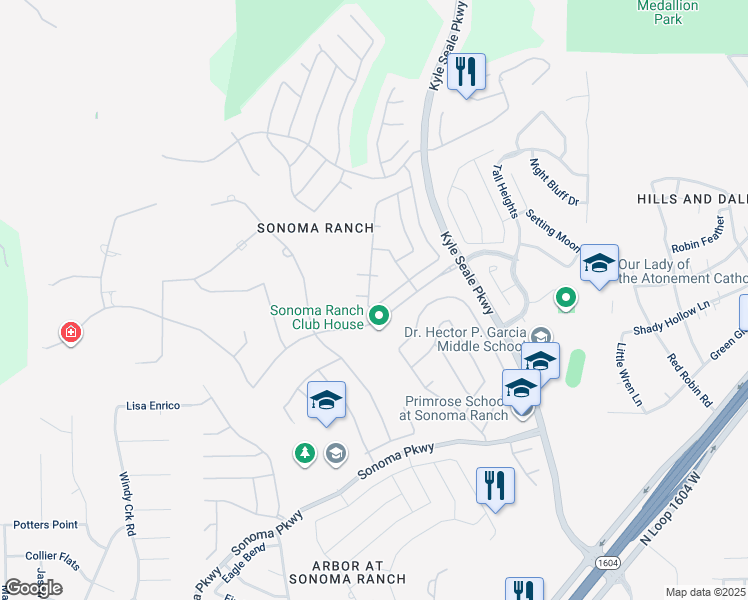 map of restaurants, bars, coffee shops, grocery stores, and more near 8635 Espanola Drive in Helotes