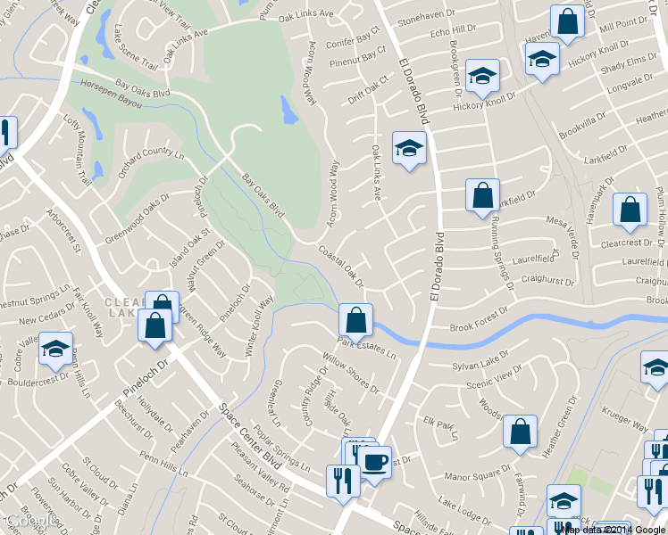 map of restaurants, bars, coffee shops, grocery stores, and more near 2707 Coastal Oak Drive in Houston