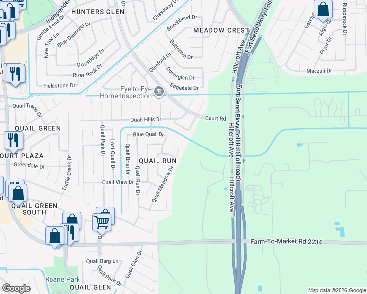 map of restaurants, bars, coffee shops, grocery stores, and more near 16419 Quail Meadow Court in Missouri City
