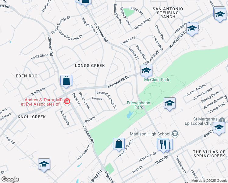 map of restaurants, bars, coffee shops, grocery stores, and more near 4802 Corian Well Drive in San Antonio