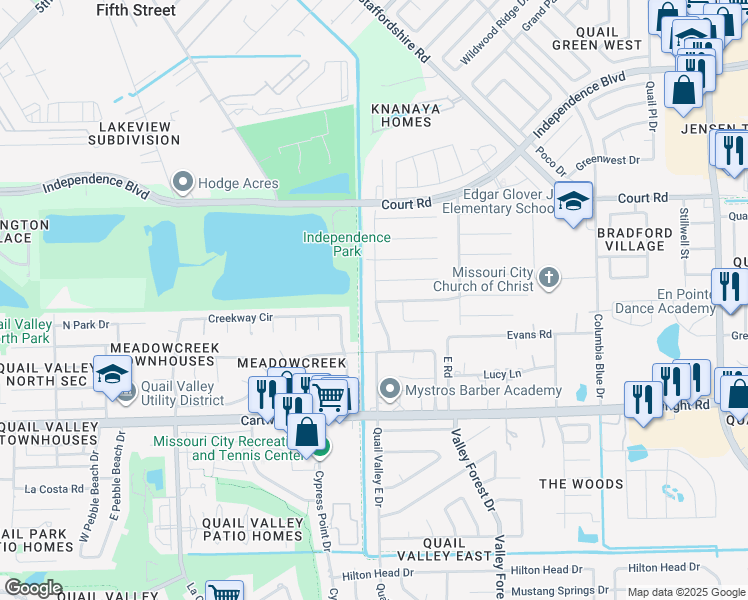 map of restaurants, bars, coffee shops, grocery stores, and more near 2136 Valley Manor Drive in Missouri City