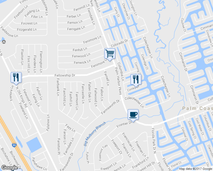 map of restaurants, bars, coffee shops, grocery stores, and more near 16 Farnell Lane in Palm Coast