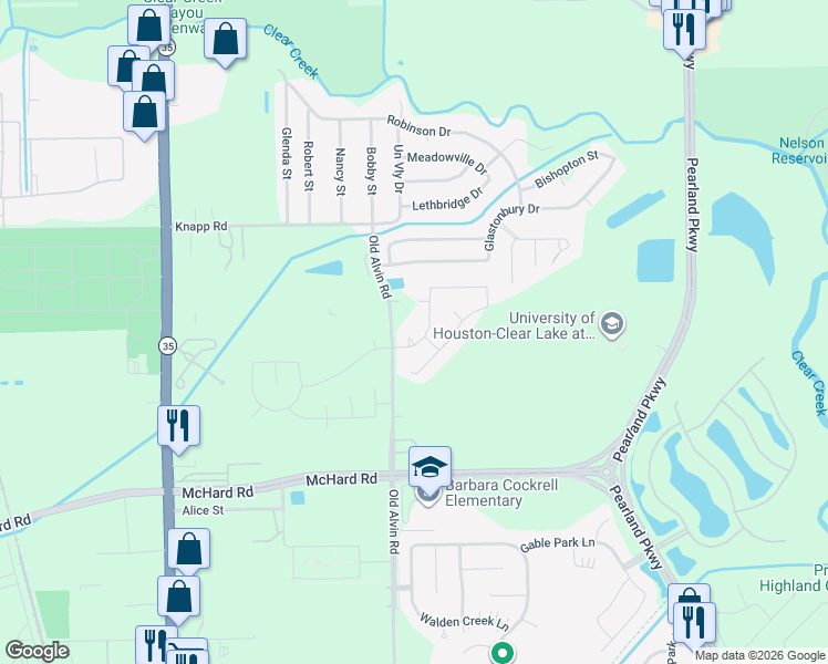 map of restaurants, bars, coffee shops, grocery stores, and more near 3527 Watzek Way in Pearland