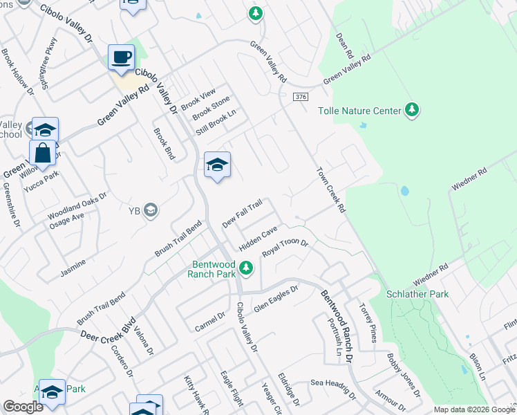 map of restaurants, bars, coffee shops, grocery stores, and more near 157 Dew Fall Trail in Cibolo