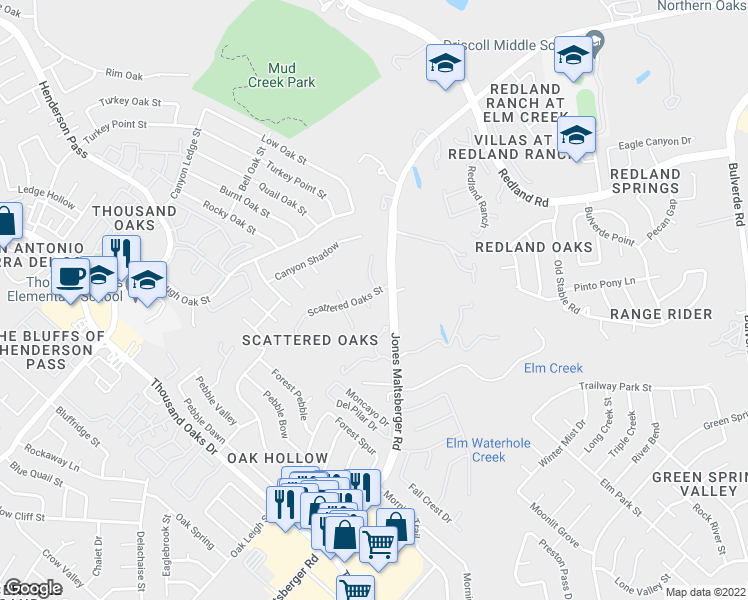 map of restaurants, bars, coffee shops, grocery stores, and more near 15907 Robles Nuevo in San Antonio