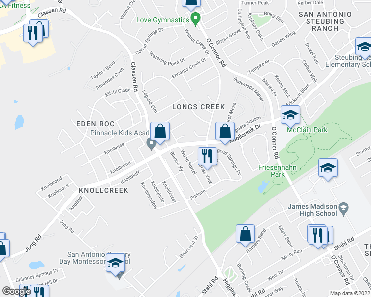 map of restaurants, bars, coffee shops, grocery stores, and more near 15630 Wood Sorrel in San Antonio