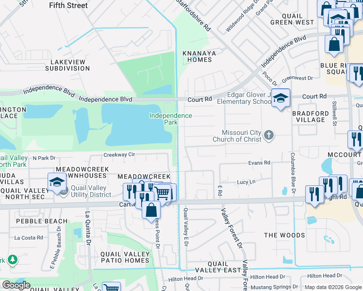 map of restaurants, bars, coffee shops, grocery stores, and more near 2136 Valley Manor Drive in Missouri City