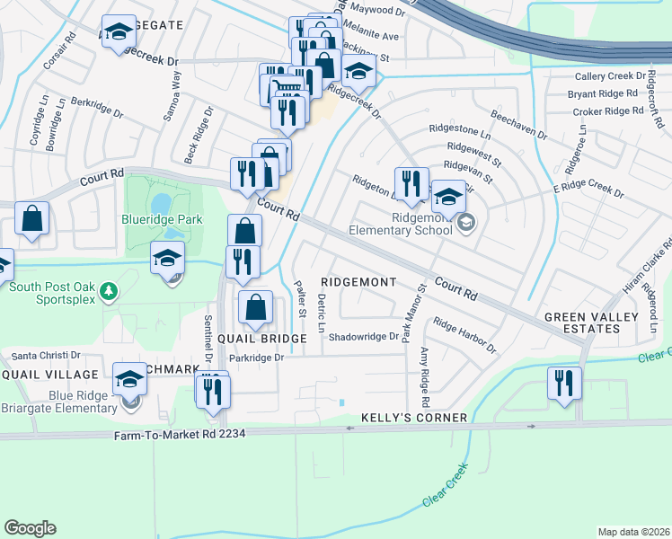 map of restaurants, bars, coffee shops, grocery stores, and more near 5130 Ridgehaven Drive in Houston