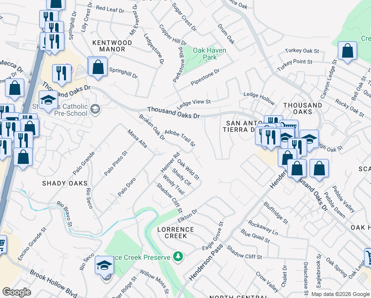 map of restaurants, bars, coffee shops, grocery stores, and more near 2107 Broken Oak Street in San Antonio