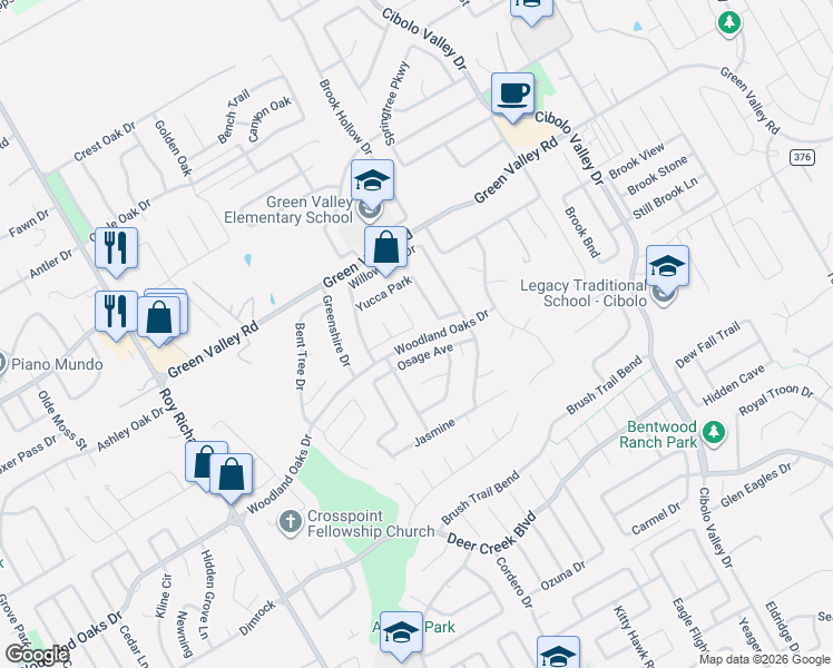 map of restaurants, bars, coffee shops, grocery stores, and more near 1648 Dogwood Lane in Schertz