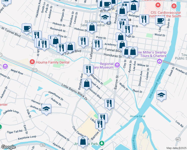 map of restaurants, bars, coffee shops, grocery stores, and more near 315 Commerce Street in Houma
