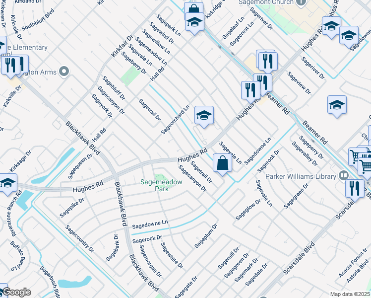 map of restaurants, bars, coffee shops, grocery stores, and more near 11119 Sagetrail Drive in Houston