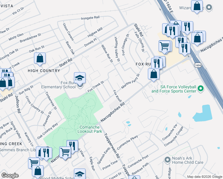 map of restaurants, bars, coffee shops, grocery stores, and more near 16518 Twin Fox in San Antonio