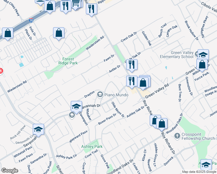 map of restaurants, bars, coffee shops, grocery stores, and more near 3920 Habersham in Schertz