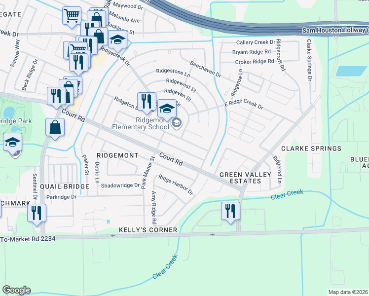 map of restaurants, bars, coffee shops, grocery stores, and more near 4834 Porter Ridge Drive in Houston
