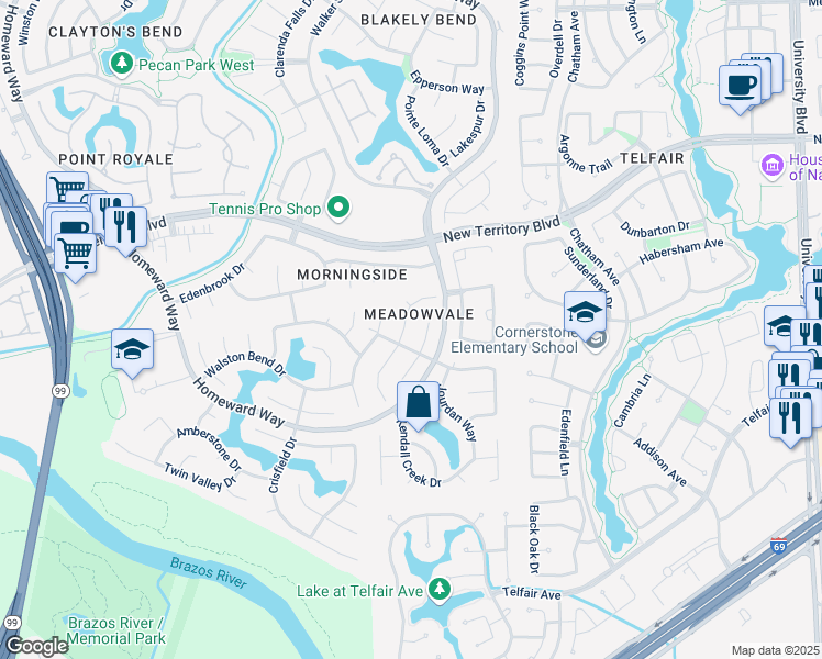map of restaurants, bars, coffee shops, grocery stores, and more near 1635 Berkoff Dr in Sugar Land