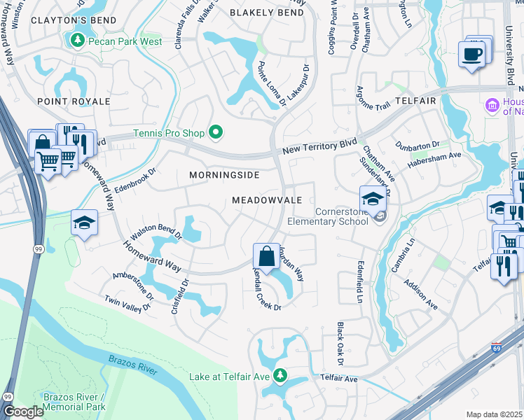 map of restaurants, bars, coffee shops, grocery stores, and more near 1635 Berkoff Drive in Sugar Land