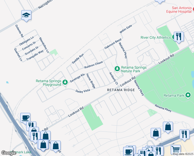 map of restaurants, bars, coffee shops, grocery stores, and more near 16230 Galloping Oak in Schertz