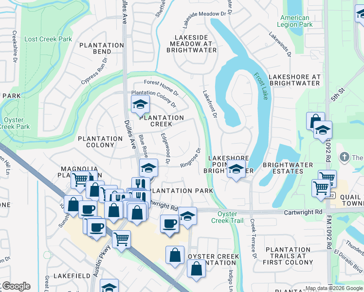 map of restaurants, bars, coffee shops, grocery stores, and more near 2415 Great Oaks Drive in Missouri City